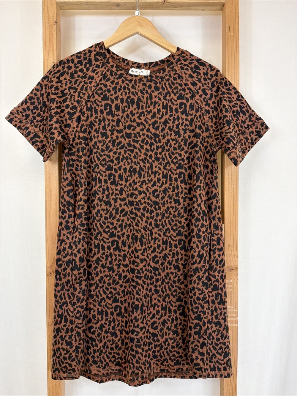 NWT New In Brown Black Cheetah Print Short Sleeve Knee Length Dress #1419 Size S